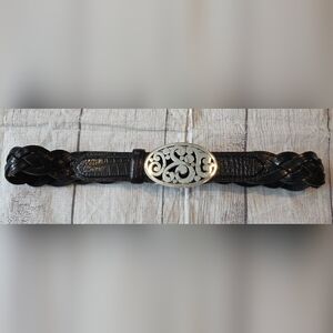 Brighton Vintage Black Braided Leather Belt Silver Buckle Western Ornate Size 34
